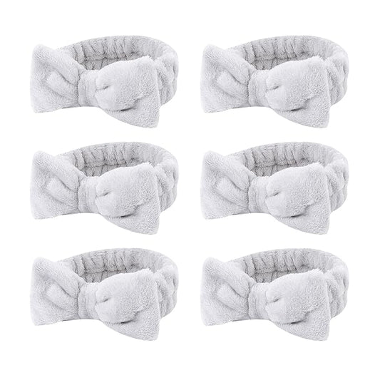 Casoty 6 Pcs Grey Spa Headband, Bow Hair Band, Soft Coral Fleece Makeup Headband, Hair Band for Washing Face, Skincare Headbands for Face Washing Shower Skin Care Yoga