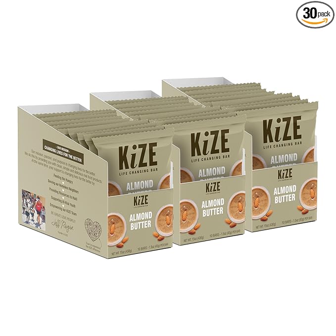 KiZE Energy Bars - Almond Butter - 30-Count - Almond-Butter-Based, Gluten Free, Non-GMO, and High Protein Meal Replacement Energy Bars, Clean and Simple Food Ingredients - 10g High Protein Snacks (30 Count)