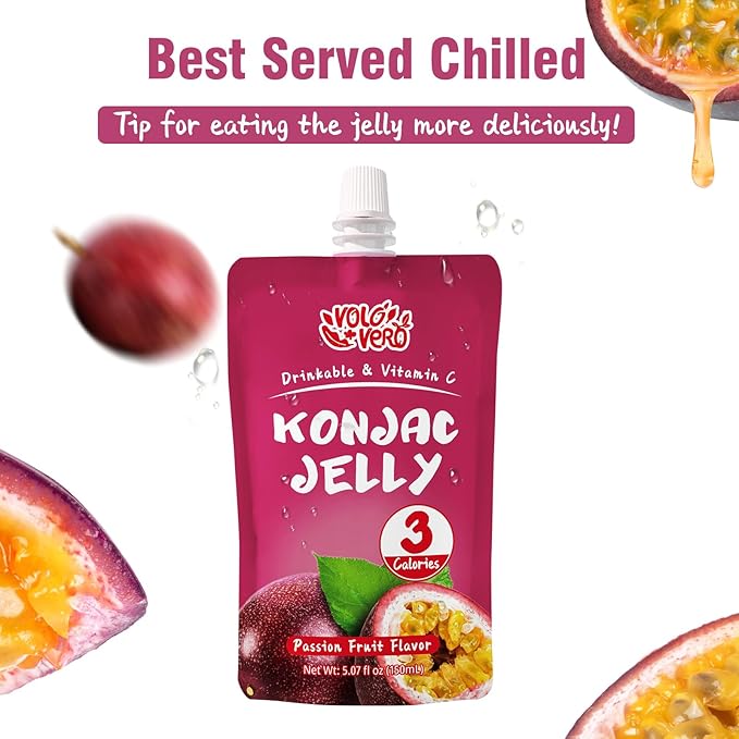 VOLO VERO Konjac Jelly Squeeze Pouch Passion Fruit Flavor, Low Calories (3 Kcal), 10 Packs, Gluten Free & Vegan, 0 Sugar, Keto, Low Carb, Drinkable Vitamin C Healthy Snacks, Holiday Gifts