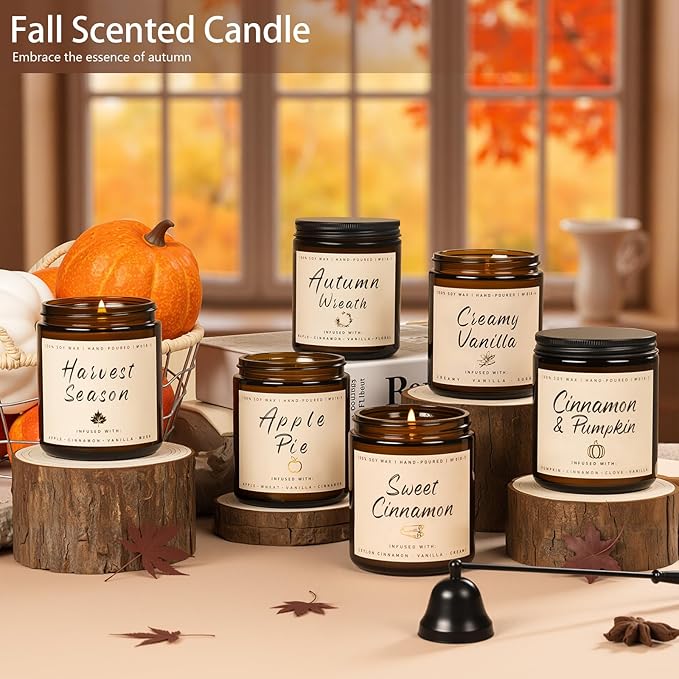 Auelife Fall Candles, 6 Pack Scented Candle Set, 42 oz Autumn Soy Candles for Home Scented, Fall Candle Gifts Set for Men and Women, Autumn Home Decor of Wreath/Apple/Latte/Harvest/Vanilla/Cinnamon