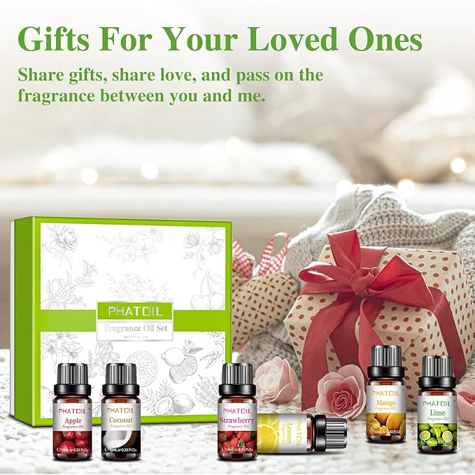 PHATOIL 10Pcs Fruity Fragrance Oil Set, Coconut, Cherry, Apple, Strawberry, Mango Candle Scents for Candle Making, Freshie Scents for DIY Soap Making, Diffuser Oil Scents Set