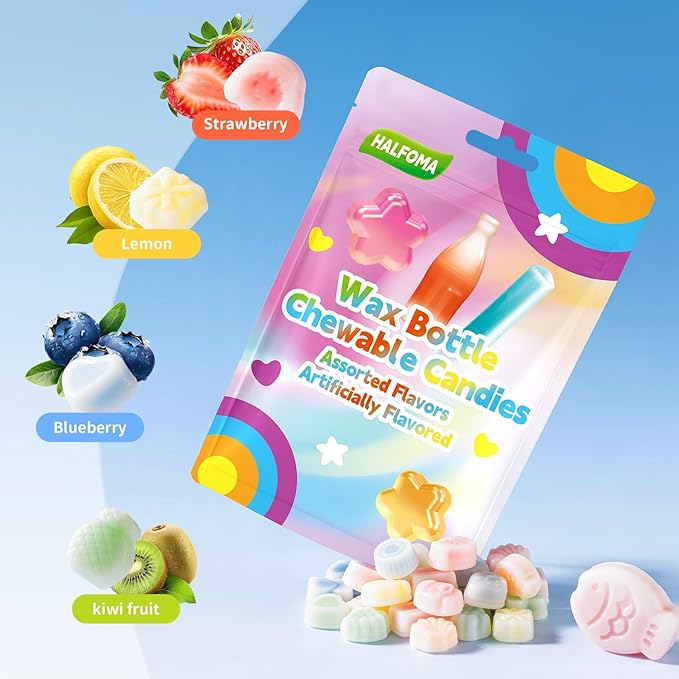 Halfoma Chewy Wax Bottle Candy with 2 Giant Fish - 20-Piece Assorted Fruit Flavors Chew Treats for Kids, Party Favors, Classroom Supplies,6.3oz