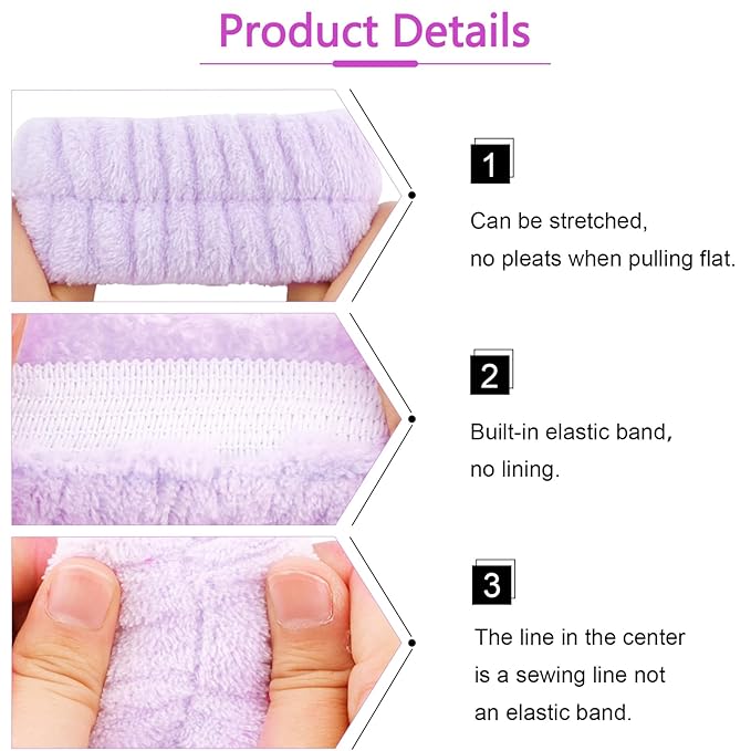 VELSCRUN Spa Headbands for Wash Face, Makeup Headband, Facial Skincare Headbands, 5 Pcs Purple Colourful Puffy Sponge Spa Headband Bow Tie Hair Band Hair Clips Wristband Set Women Girls Accessories