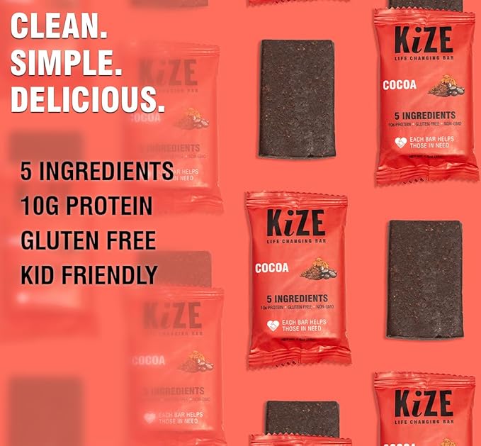 KiZE Energy Bars - Cocoa - Gluten Free, Non-GMO, and High Protein Meal Replacement Energy Bars, Clean and Simple Food Ingredients - 10g High Protein Snacks, (10 Count)