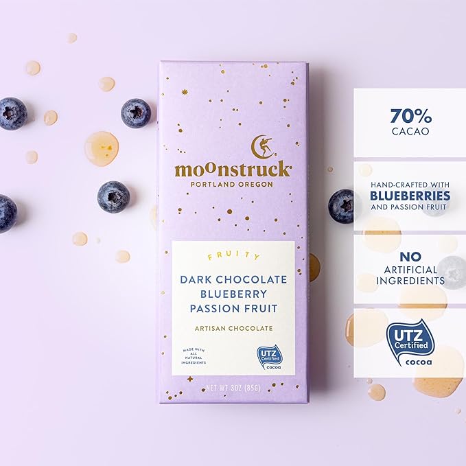 Moonstruck Chocolate Blueberry and Passion Fruit Dark Chocolate Bar, 68% Cacao, 3.0oz (Pack of 4)