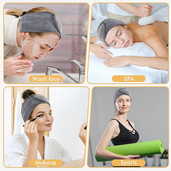 SINLAND Spa Headband for Women 6 Counts Adjustable Makeup Hair Band with Magic Tape,Head Wrap for Face Care, Makeup and Sports