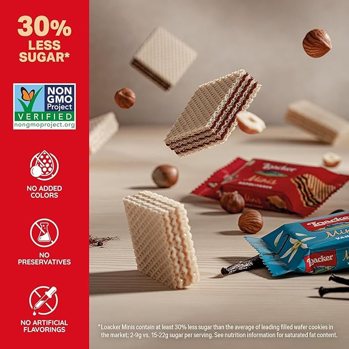 Loacker Minis Wafer Variety Pack - 30% Less Sugar - Premium Assorted Cream Filled Wafer Cookies - Mix of Hazelnut, Chocolate and Vanilla Crispy Wafers - NON-GMO - Sustainably Sourced Ingredients - 10g/0.35oz, 40 Individually Wrapped Snack Packs (mix)
