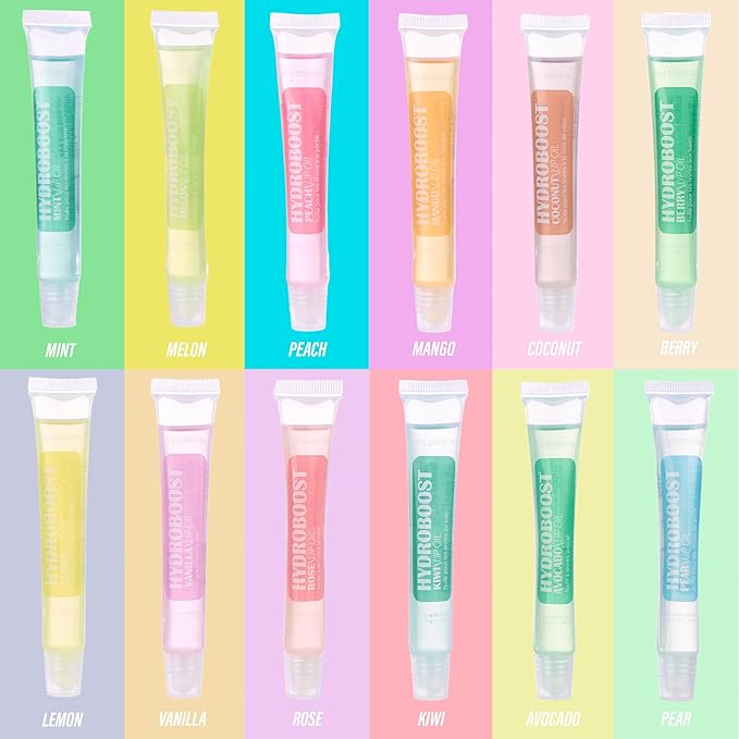 EXPRESSIONS 12pc Lip Oil Set - Flavored Lip Oils Value Pack, Hydrating Lip Oils w/Squeeze Tube Application, Moisturizing Lip Oil Collection for Everyday Lip Care and Lip Repair (HYDROBOOST)
