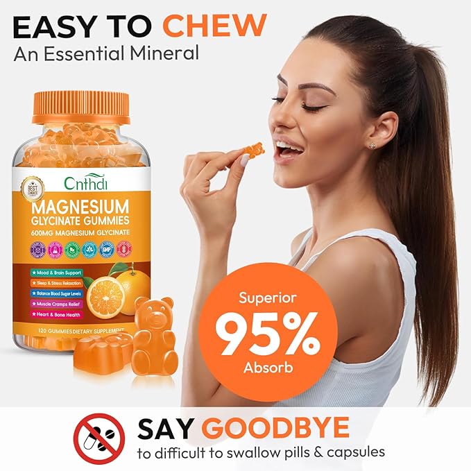 Magnesium Glycinate Gummies, High Absorption Magnesium Gummies with L-Threonate, Calcium, Vitamin B6, D3, Sugar Free Chews for Adults & Kids Relaxation, Stress Relief, Night Rest