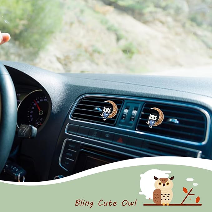 2pcs Owl Moon Air Vent Clip Car Air Freshener Bird Bling Blue Car Accessories for Women Teens Gothic Car Decor Dazzling Car Diffuser Outlet Clips