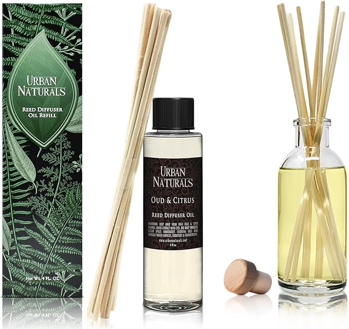 Urban Naturals Reed Diffuser Oil Refill, Oud & Citrus Diffuser Oils with Oud, Cedar, Citrus, Amber, 4 oz + Free Reed Sticks, Made in The USA