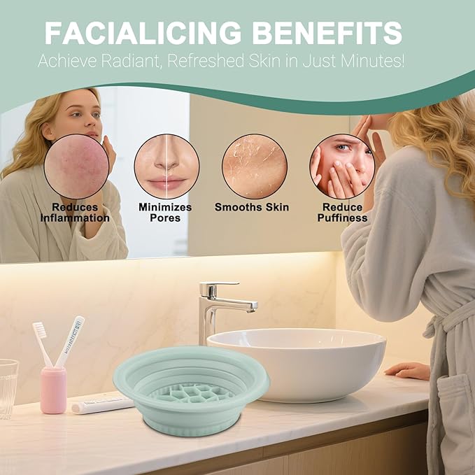 Face Bowl for Ice with Built-in Ice Tray – Collapsible Silicone Facial Ice Bath Bowl for Cold Plunge Therapy, Acne Relief & Skin Tightening – Green Home, Camping & Travel Portable Spa Tool