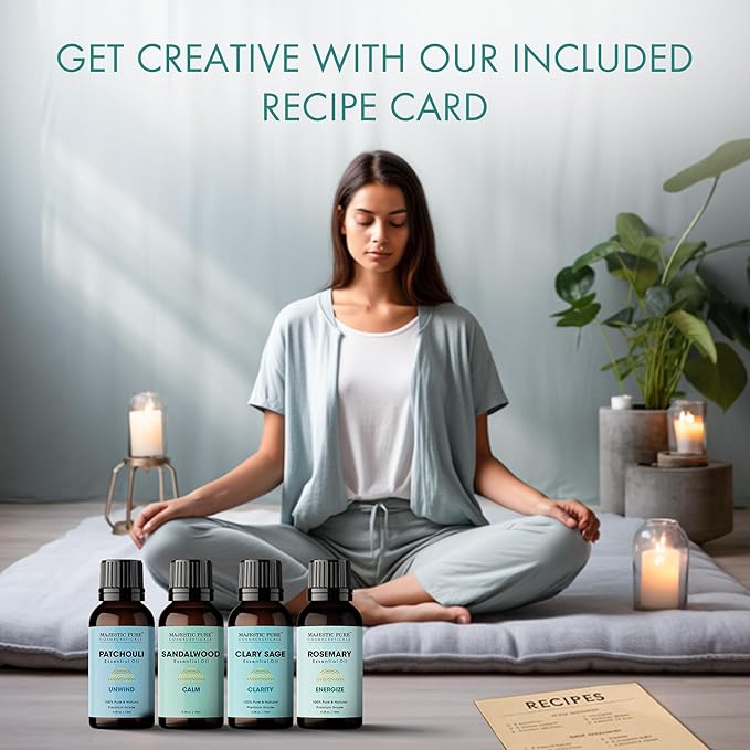 Majestic Pure, Rosemary, Sandalwood, Clary Sage and Patchouli Meditation Essential Oil Set | Perfect for Meditation, Yoga, Relaxation or Mindful Mornings | Pack of 4 x 0.3 Fl Oz