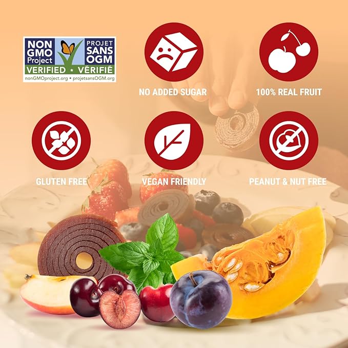 BOB SNAIL Healthy Organic Fruit Snacks for Kids and Adults – 60 Organic Fruit Roll Up Strips with Cherry, Mint, Pumpkin, Plum –Vegan Low-Carb Variety Pack Leather Strips for Kids–Sugar Free Jerky Bars