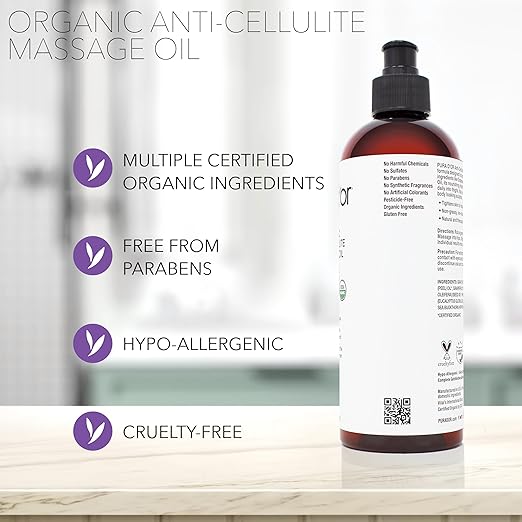 PURA D’OR 16 Oz Organic Anti-Cellulite Massage Oil for Toned Legs and Butt - Lemon Peel, Moringa, Grape Seed, Grapefruit & Eucalyptus Oils - Skin Firming & Tightening