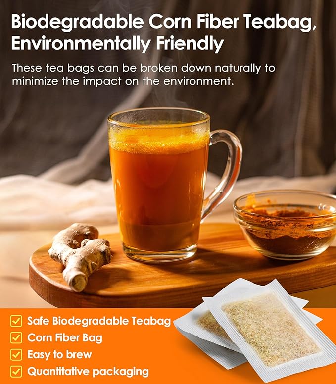 60Pcs Turmeric Ginger Cinnamon Tea, Natural Turmeric Herbal Tea, Improve Digestion, Support Skin, Sleep, Eco-Conscious Teabags, No Sugar, No Caffeine, No Gluten