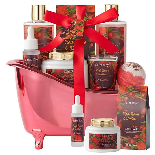 Christmas Gifts for Women, spa kit Gifts for Her Mother's Day Bath Spa Gift Set Red Rose & Tulip Spa Basket Kits for Women, Contains Body Oil, Body Lotion, Salt, self care baskets Mother's Day Gift