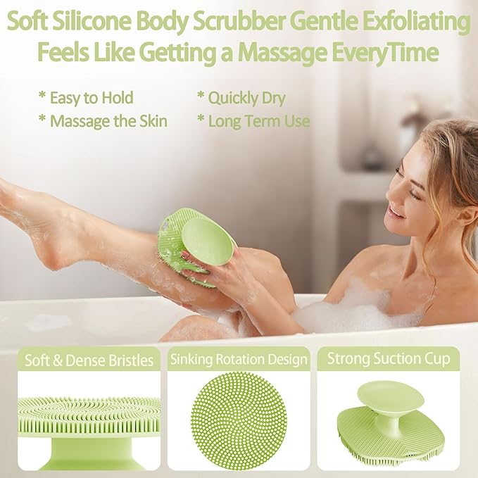 Soft Silicone Body Scrubber, Gentle Like a Hand Exfoliating Your Skin and Build Up Lather Easily, Back Large Suction Cup Easy to Store, Long-Lasting & Deep Clean (Green
