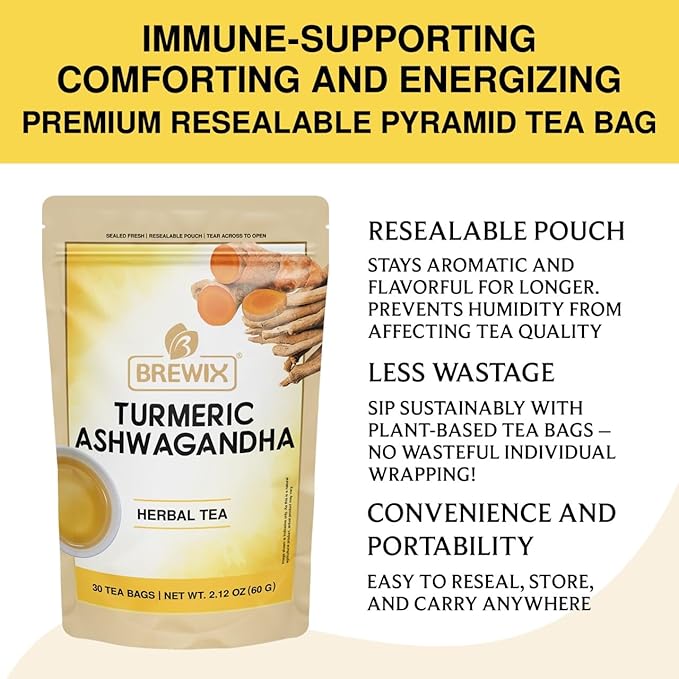 BREWIX, Turmeric Tea with Ashwagandha Root and Black Pepper (30 Plant Based Tea Bags) Caffeine-Free for Relaxation & Daily Stress Support | Herbal Tea For Health & Wellbeing | Supports Restful Sleep