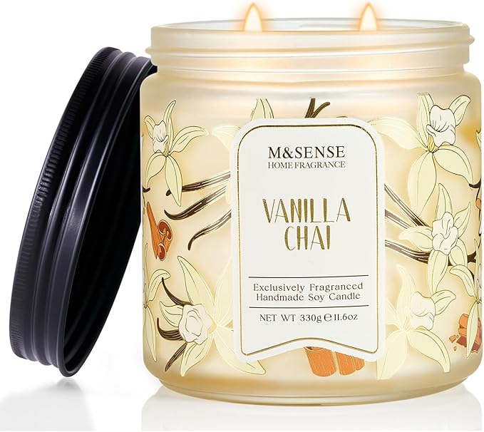 M&SENSE Vanilla Chai Scented Candle, 11.6oz Natural Soy Wax, 70 Hours Long Lasting Clean Burn, Holiday Jar Candle for Home Decor, Non-Toxic Relaxing Aromatherapy Gifts for Women