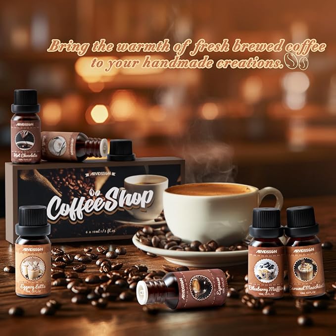 ARVIDSSON Coffee Fragrance Oils Set, Premium Essential Oils for Diffuser, Espresso, Vanilla Chai, Hot Chocolate, Blueberry Muffin, Eggnog Latte, Caramel Macchiato, Coffee Shop Scented Oils