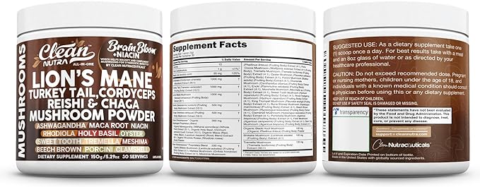 Clean Nutra Lion's Mane Turkey Tail Cordyceps Reishi Chaga Mushroom Powder + Ashwagandha Niacin Calm Stress Memory Adrenal Support Supplements Maca Rhodiola Holy Basil Apaptogen Supplement Unflavored