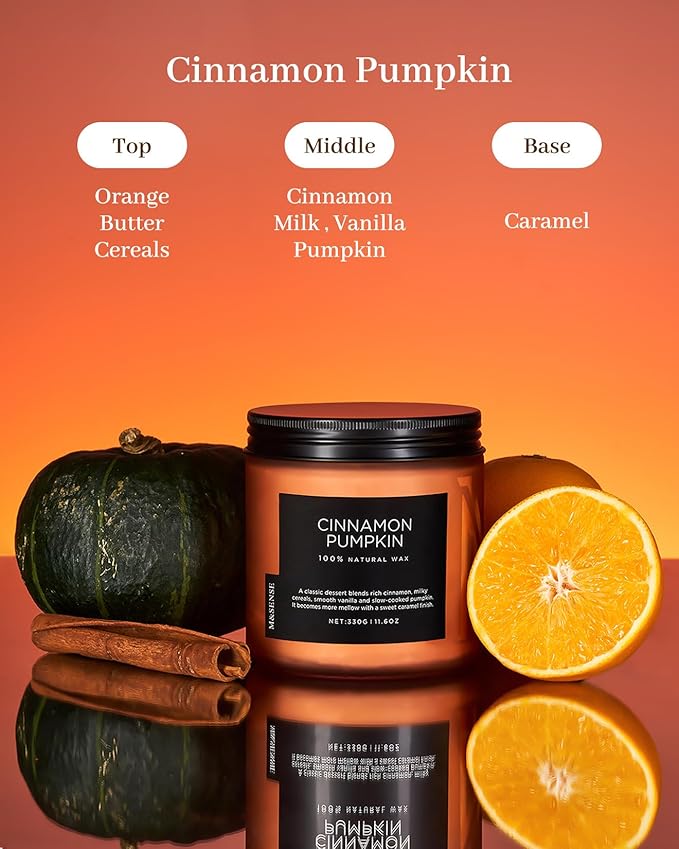 M&SENSE Cinnamon Pumpkin Fall Scented Candles, 11.6oz Soy Natural Candles 70 Hours Long Lasting Slow Burning Halloween Autumn Candle Gifts for Home Decor
