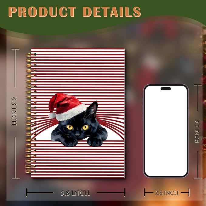 Exqcom Christmas Black Cat Spiral Notebook Gifts, Black Cat Gifts Journal for Women, Funny Santa Hat Cute Kitty Hardcover Notebook Journal Office School Supplies, 5.5x8.3 Inch