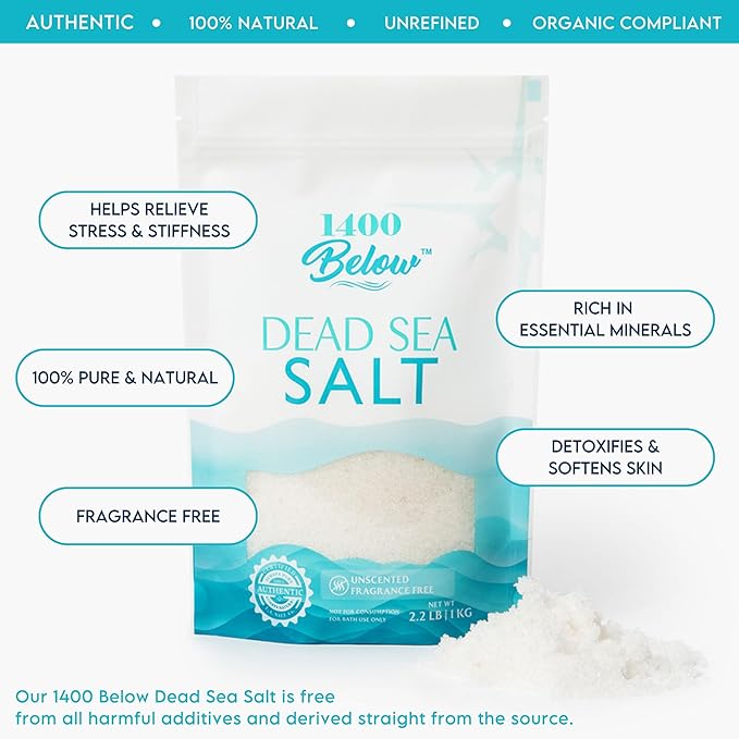 2.2 Lbs Dead Sea Salt, Fine Grain - Foot and Spa Bath Soak, Exfoliating Body Scrub, 100% Pure and Mineral-Rich, Relieves Sore Muscles and Soothes Joints