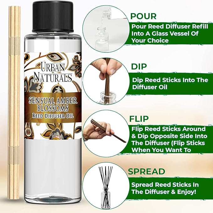 Urban Naturals Reed Diffuser Oil Refill, Sensual Amber Blossoms Fragrance Oil with Jasmine, Amber, Vanilla, 4 oz + Free Reed Sticks, Made in The USA