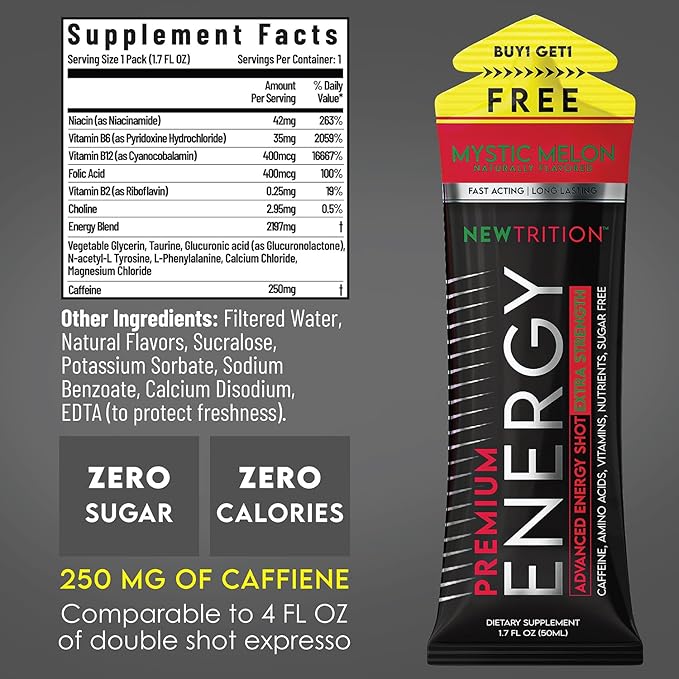 NewTrition® Extra Strength Energy Shots, 250mg Caffeine Energy Shots with Vitamin B & Amino Acids, Sugar-Free Vitamin Energy Shot, 1.7 fl oz (Pack of 24, 4 Flavors - Mixed 1)