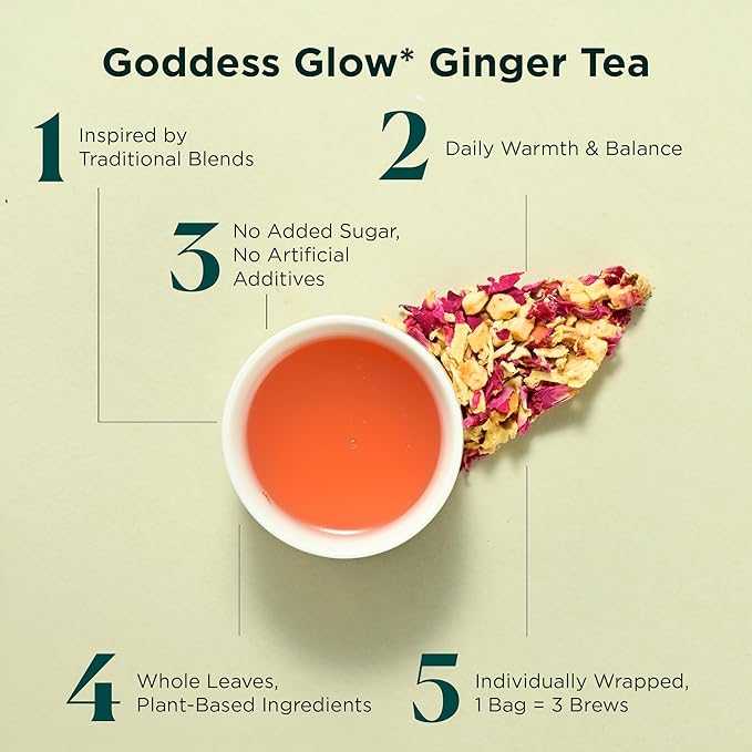 Tea Facto Goddess Glow* Ginger Tea Bags with Dried Ginger Roots, Tangerine Peels, Rose Petals, Dried Apples - Natural Fiber, Zero Added Sugar, Zero Caffeine - 10 Count
