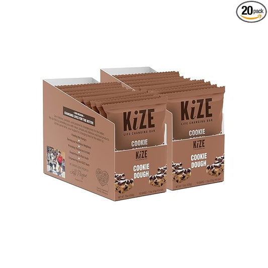 KiZE Energy Bars - Cookie Dough - 20-Count - Gluten Free, Dairy Free, Non-GMO, and High Protein Meal Replacement Energy Bars, Clean and Simple Food Ingredients - 10g High Protein Snacks (20 Count)