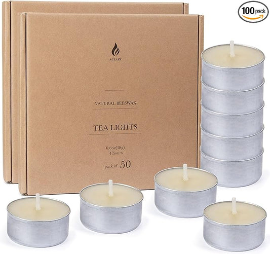 100-Pack Pure Beeswax Tealight Candles in Aluminum Cups - 4-5 Hour Burn Time, Lead-Free Cotton Wick, Natural Unscented Candles,White