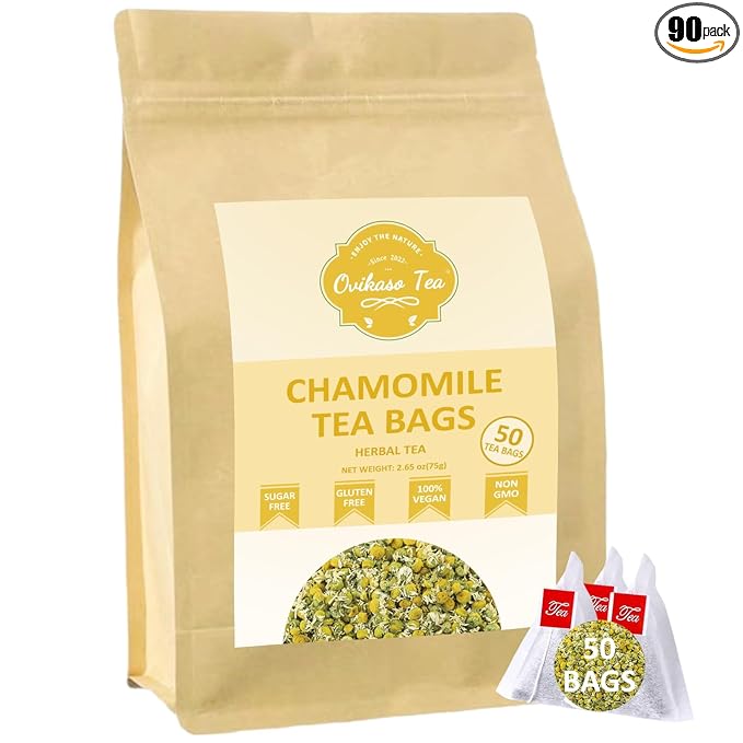 Ovikaso Tea, Chamomile Tea Bags, 50 Pyramid Tea Bags, 1.5g/bag, 100% Natural, Herbal Tea for Relaxation, Direct from Source, Non-GMO, No Caffeine