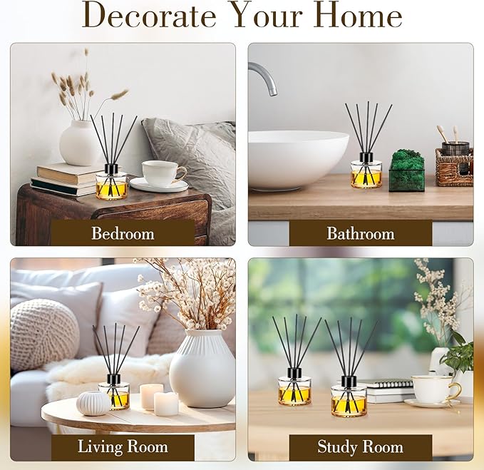 Chunful 10 Sets Reed Diffuser Bottle Empty Refillable Fragrance Glass Diffuser Bottles 100ml Round Glass Jars with Black Caps and Rattan Sticks for Living Room Home Replacement Fragrance DIY Decor