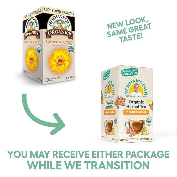 Newman ’s Own Organic Turmeric Ginger Herbal Tea Caffeine-Free May Aid Digestion and Boost Immunity Turmeric Tea with 20 Individually Wrapped Tea Bags Per Box USDA Certified