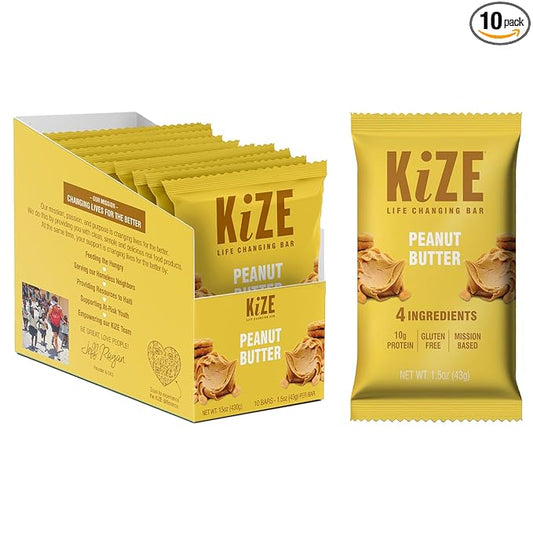 KiZE Energy Bars - Peanut Butter - Gluten Free, Non-GMO, and High Protein Meal Replacement Energy Bars, Clean and Simple Food Ingredients - 10g High Protein Snacks, (10 Count)