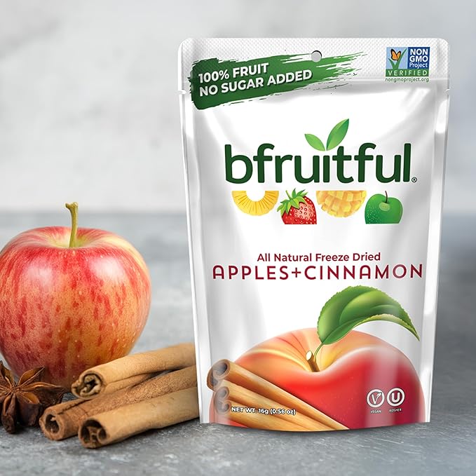 bfruitful Freeze-Dried Apple + Cinnamon, Freeze Dried Fresh Fruit Bites, Gluten Free, Vegan, Dairy Free, Kosher, No Sugar Added, Non GMO, Healthy Snacks, 0.56 oz Single-Serve Snack Packets, 12 Pack