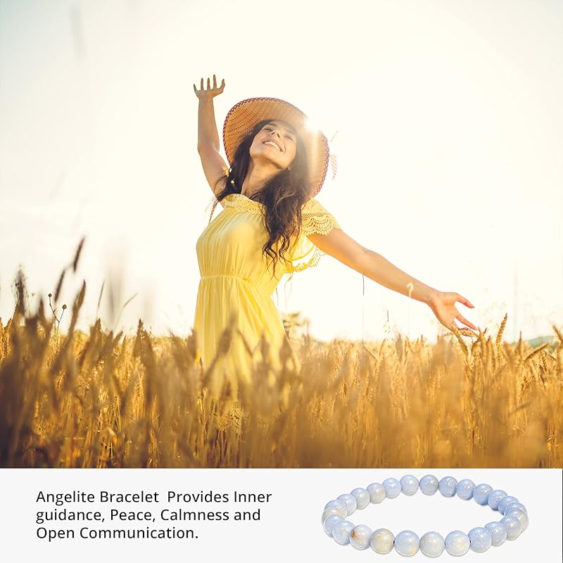 Genuine Angelite Bracelet – Healing Crystal Bracelet for Women and Men – 8mm Round Beaded Bracelet for Spiritual Healing, Positive Energy – Elastic Adjustable Size Gemstone Bead Bracelet