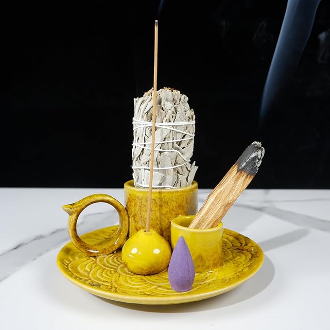 5.1-Inch 5-in-1 Yellow Ceramic Incense Holder - Fits Palo Santo, Sage, Incense Sticks/Cones, Small Candle, Smudge Burning Tray.Zen Altar for Meditation/Yoga, Aromatic Scents, Matches Friendly