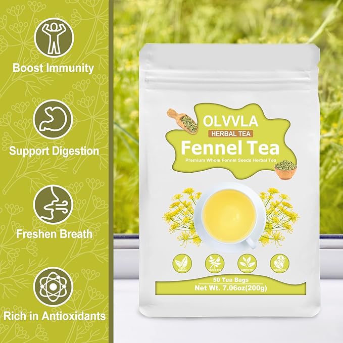 Olvvla - Premium Fennel Tea Bags - 4g X 50 Count - 100% Pure Natural Whole Fennel Seeds - Sweet & Smooth - Non-GMO - Caffeine-free - Support Digestion & Promote Relaxation
