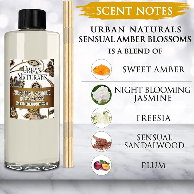 Urban Naturals Reed Diffuser Oil Refill Sensual Amber Blossoms with Jasmine, Freesia, Plum, Orange Blossom, Vanilla 8 oz + Free Reed Sticks, Made in The USA