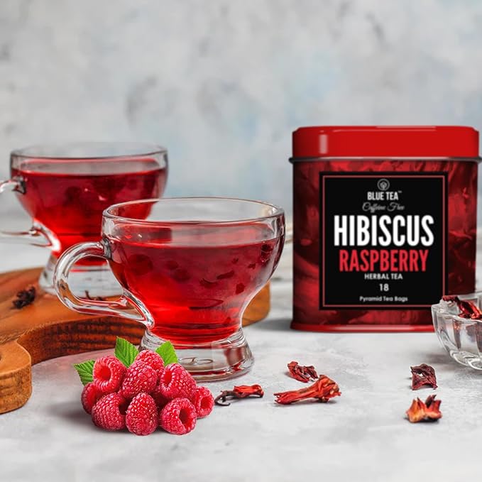 BLUE TEA - Hibiscus Tea - 18 Count - Raspberry - Pyramid Plant Based Tea Bag | SKIN GLOW ENHANCING TEA | Herbal Tea - Tangy Flavor - Flower Based - Caffeine Free - Vegan - Non-GMO | Tin Packaging
