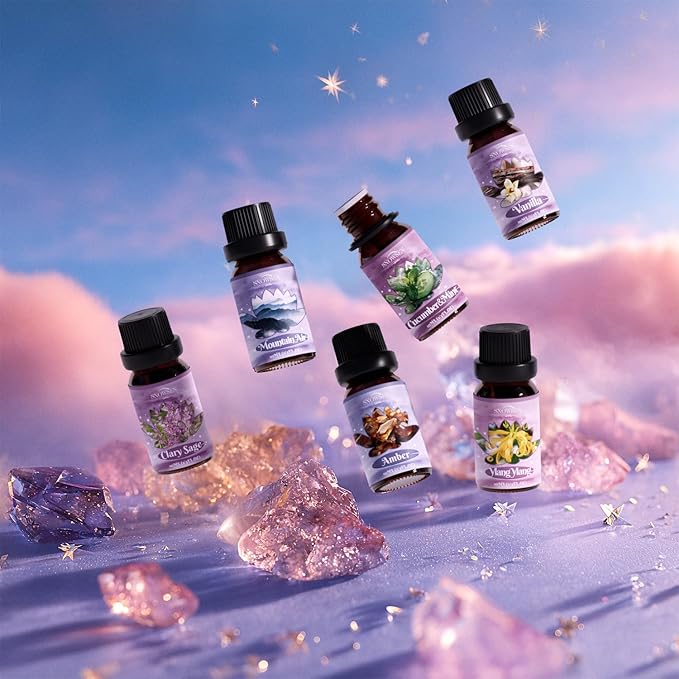 Tranquil Diffuser Oils, SNOWSEN Essential Oil Set for Diffuser, Soap & Candle Making, Aromatherapy Oils Gift Set Includes Amber, Vanilla, Cucumber & Mint, Clary Sage, Ylang Ylang, Mountain Air