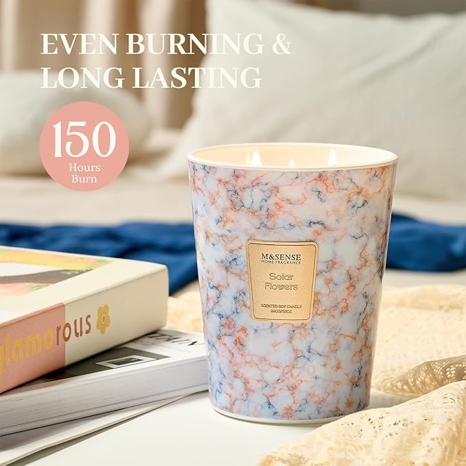 M&SENSE SolarFlowers Scented Candles for Home, 3-Wick Highly Scented Jar Candles, Extra Large Candle 35 Oz 150 Hours Long Lasting Burning, Relaxing Aromatherapy Candle for Stress Relief,Meditation