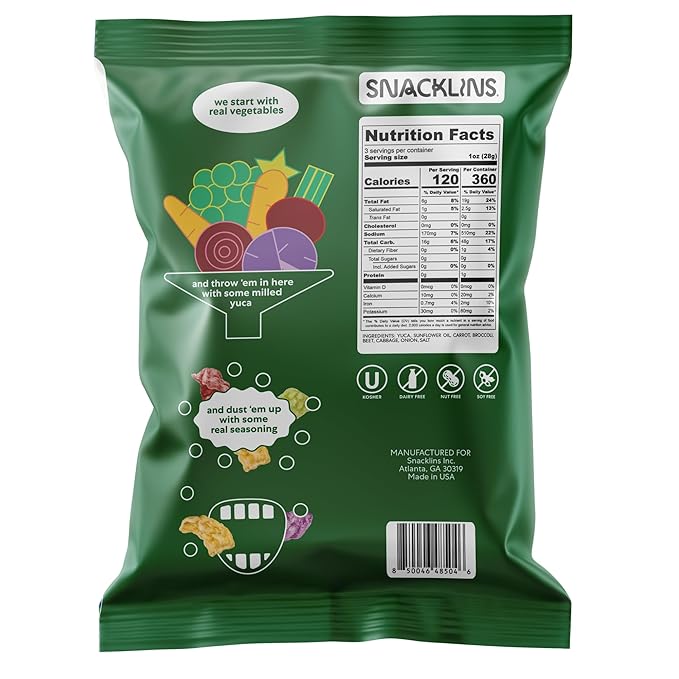 SNACKLINS Plant Based Crisps - Garden Variety - Vegan Healthy Snacks - Gluten Free, Grain Free, Plant Based Crisps, 100% Kosher For Passover, Low Calorie - No Added Sugar, Crunchy, Puffed Snack - 3oz Bag