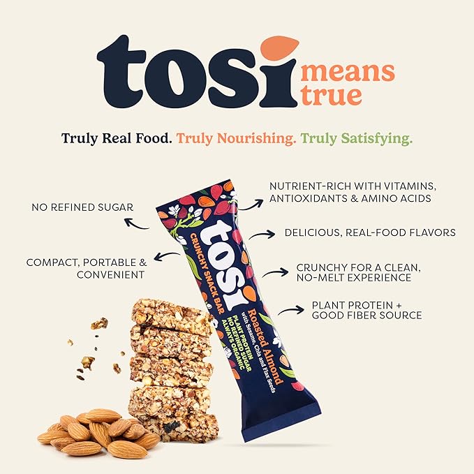 Tosi Almond Protein Bars, Plant Based with Nuts, Gluten-Free Crunchy Snacks, Vegan, Organic, Flax & Chia Seeds, Soy-Free, Omega 3s, 5G Protein, 1oz, 12-Pack