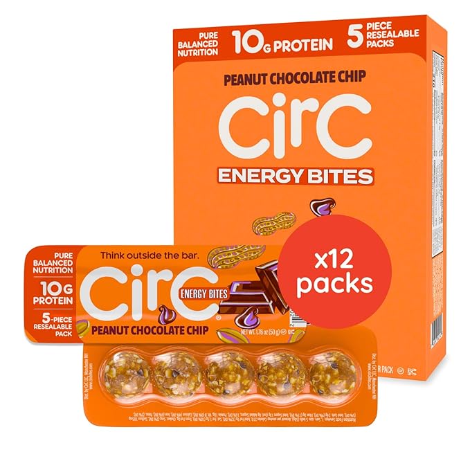 CirC Energy Bites - 12 Pack Peanut Chocolate Chip Gluten Free Protein Balls - 10g Protein, Whole Grains, Nuts & Fruit - Portable Healthy Snacks for Adults & Kids, 5 Piece Resealable Packs
