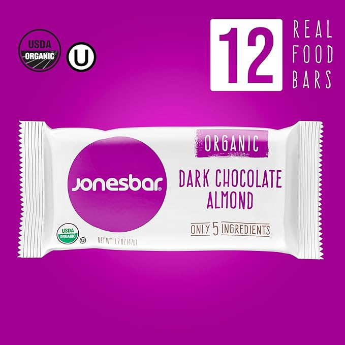 JONESBAR (Dark Chocolate Almond, (12 Count (Pack of 1)), USDA Organic Fruit & Nut Bar, Non-GMO, Kosher, Vegan, Gluten Free, Simple Snack Bar